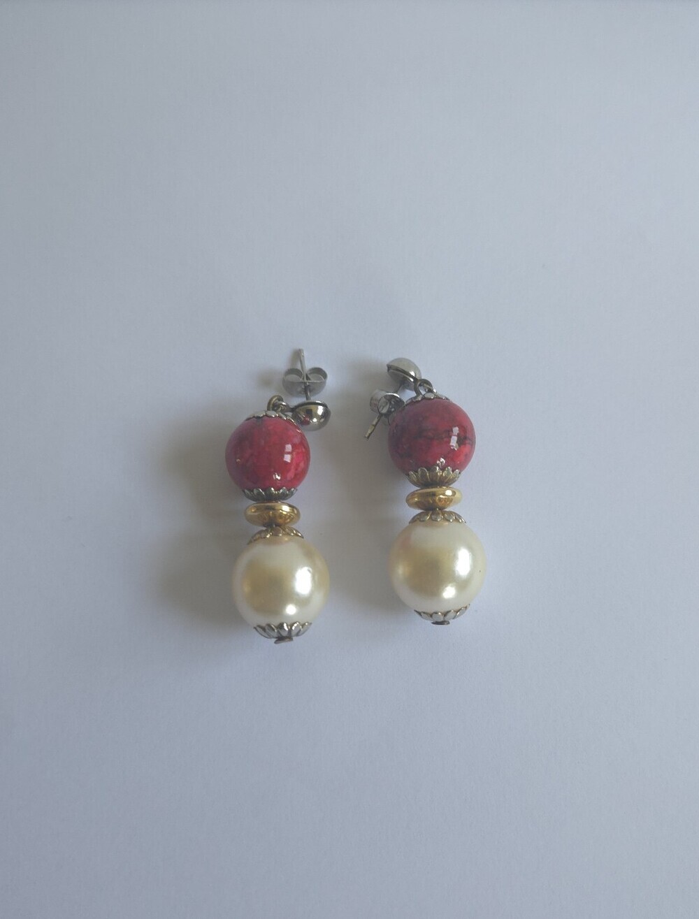 Vintage 1980s Red & Faux Pearl Dangle Earrings Mixed Metal Bead Drop Post